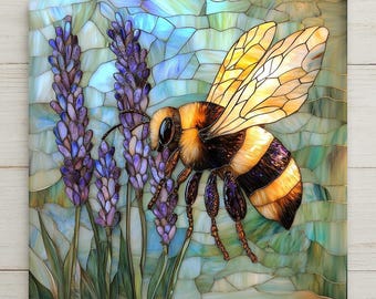 Stained Glass Bee & Lavender Ceramic Tile Wall Art: Cottagecore Wall Decor Home Decor