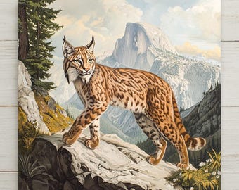 Puede incluir: Una impresión de arte mural cuadrada que presenta una ilustración detallada de un lince de pie sobre una roca. El lince tiene pelaje marrón moteado y orejas con mechones. El fondo muestra una cordillera con un gran domo de granito.