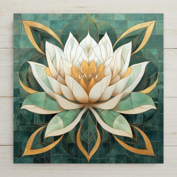 Art Nouveau Lotus Flower Ceramic Tile: Jade Green & Gold Decor