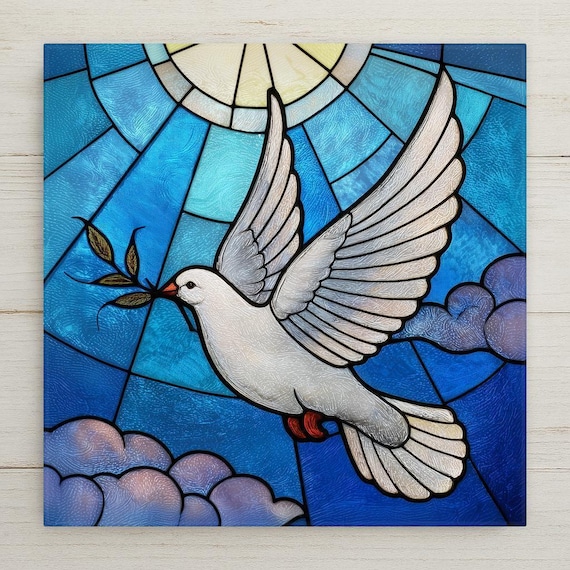Dove of Peace Ceramic Tile Wall Art – Stained Glass Style White Dove with Olive Branch, Christian Wall Decor, Memorial Home Decor GiftGift