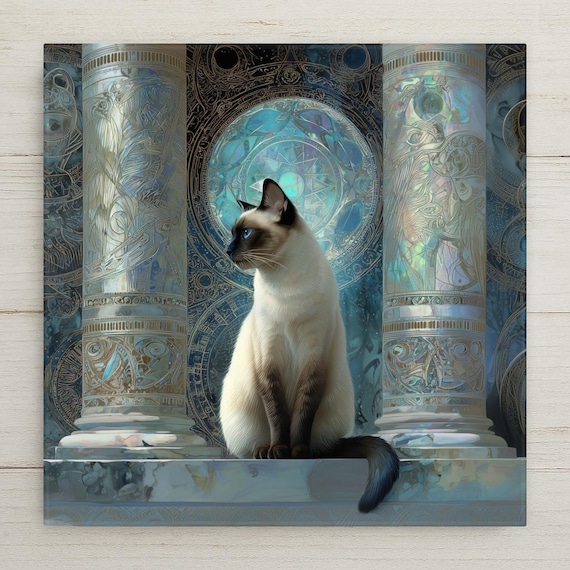 Mystical Siamese Cat Ceramic Tile: Celestial Stained Glass Wall Art - Astrological Feline Decor