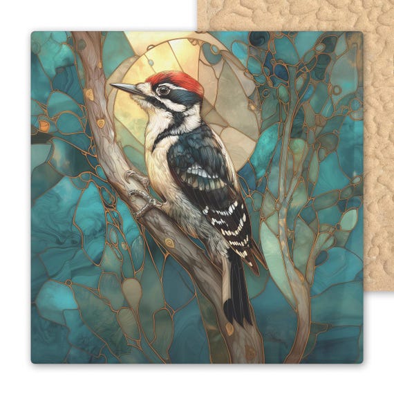 Downy Woodpecker Ceramic Tile: Stained Glass Nature Art, Woodland Wall Decor, Bird Lover Gift