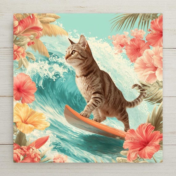 Whimsical Surfing Cat Ceramic Tile Wall Art - Stained Glass Style Ocean Wave Beach Decor for Pet Lovers