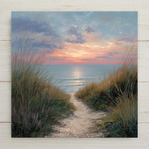 ape Cod Ceramic Tile Wall Art – Coastal Path to the Sea at Sunset, Beach House Wall Decor, Stained Glass Style Home Decor