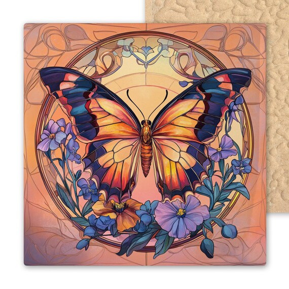 Handcrafted Butterfly Ceramic Tile Art: Stained Glass-Inspired Floral Wall Decor for Garden & Spring Home