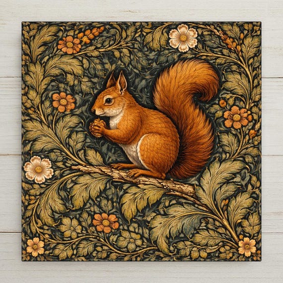 Squirrel Wall Art Ceramic Tile – Woodland Animal Decor – William Morris Style Forest Wall Art – Rustic Home Decor Gift