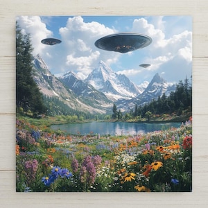 Surreal Mountain Wall Art Ceramic Tile UFO Gift Wildflower Decor Alien Cottagecore Art Quirky Home Gift Tile