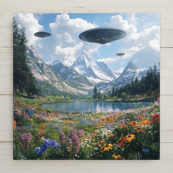 Surreal Mountain Landscape Ceramic Tile: UFO, Wildflowers, Cottagecore Alien Decor Wall Art