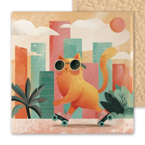 Retro Roller Skating Cat Wall Art Ceramic Tile Stained Glass Style Sunglasses Feline Cityscape Fun Pop Art Pet Lover Gift Urban Decor