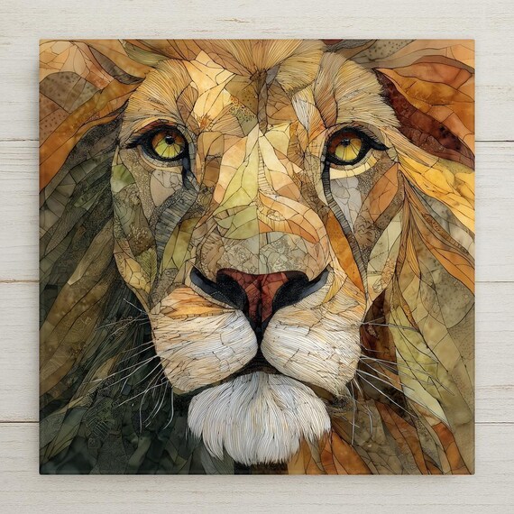 Majestic Lion Face Ceramic Tile Wall Art - Stained Glass Style Wildlife Portrait Nature Home Decor Gift