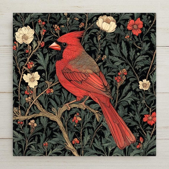 Red Cardinal Ceramic Tile Art: William Morris Inspired Woodland Decor Wall Art