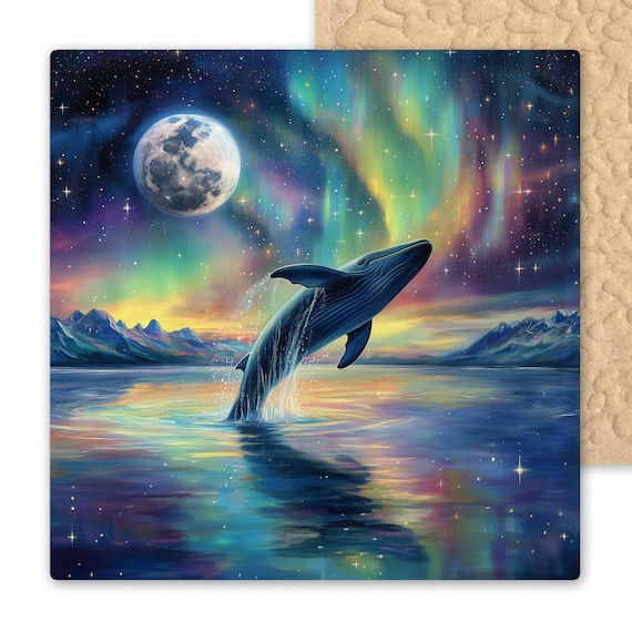 Breaching Humpback Whale Ceramic Tile Art - Aurora Moonlight Ocean Scene - Nautical Wildlife Wall Decor