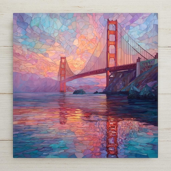 Golden Gate Bridge Wall Art – Stained Glass Style San Francisco Bay Sunset Print, Colorful Coastal Home Decor, California Gift