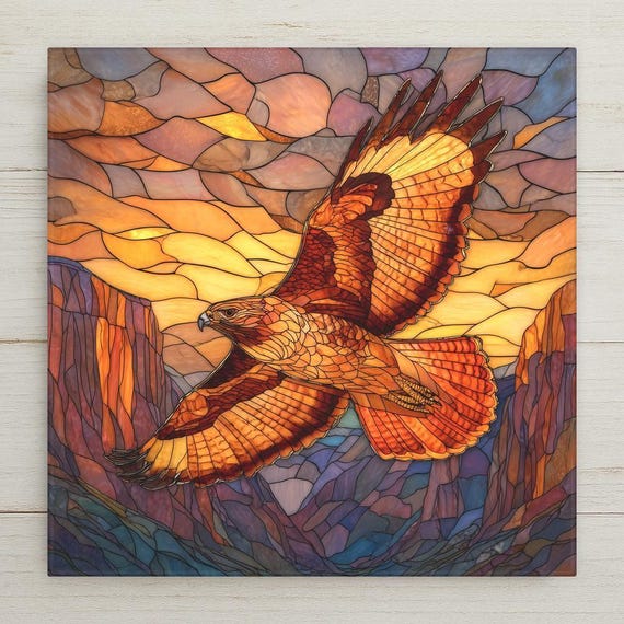 Red-Tailed Hawk Ceramic Tile Wall Art – Stained Glass Mountain Sunset Wildlife Decor, Rustic Home Decor, Nature Wall Art Gift Tile