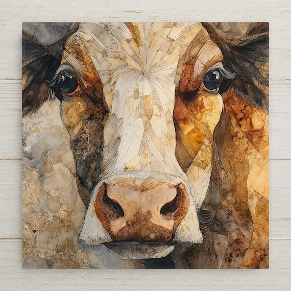 Cow Ceramic Tile Wall Art – Stained Glass Farm Cow Portrait, Rustic Farmhouse Decor, Country Home Decor Wall Art Gift