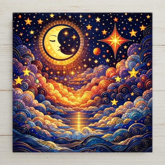 Celestial Moon Ceramic Tile Wall Art - Stained Glass Style Starry Night Sky Mystical Home Decor Gift
