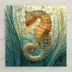 May include: A golden-brown seahorse with a textured, mosaic-like pattern on its body, positioned centrally. The seahorse is surrounded by long, slender, light blue-green aquatic grass blades against a background of soft, glowing, pale circular shapes.
