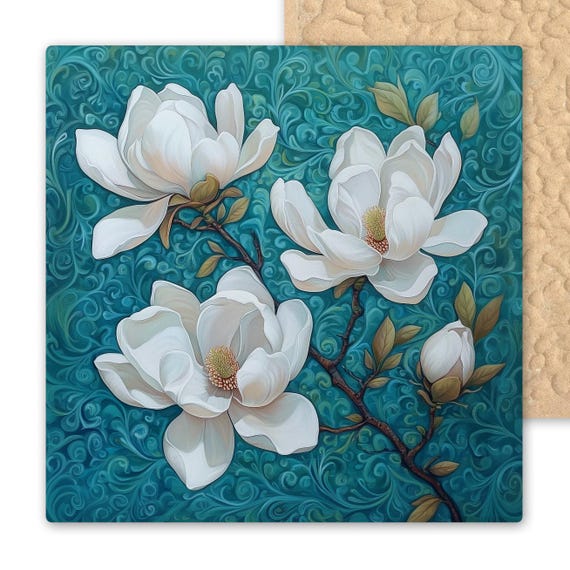 Handcrafted Magnolia Ceramic Tile: White Floral Wall Art for Cottagecore Home Decor & Spring Botanical Gifts