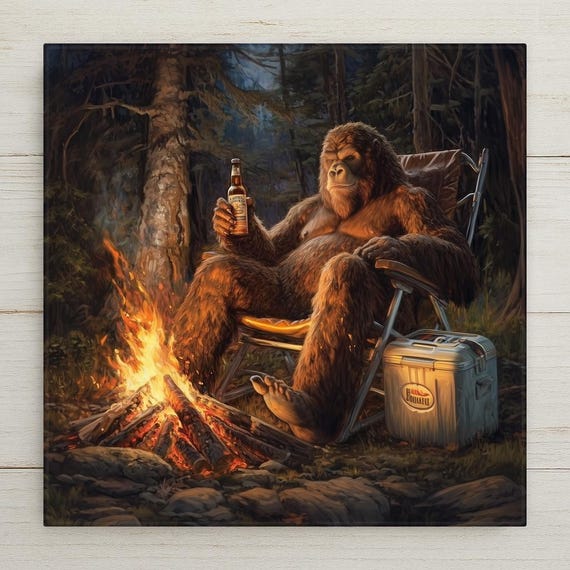 Funny Bigfoot Ceramic Tile Art: Sasquatch Campfire Beer Decor