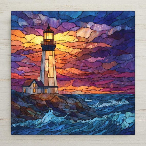 Coastal Lighthouse Ceramic Tile Wall Art – Stained Glass Ocean Seascape, Nautical Wall Decor, Meaningful Home Decor Gift