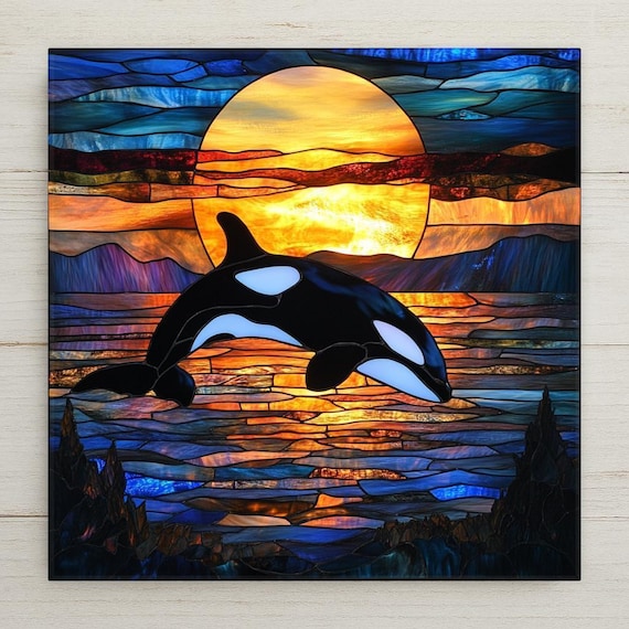 Orca Sunset Tile Art: Coastal Wildlife Decor, Whale Lover Gift