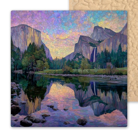 Yosemite Wall Art Ceramic Tile Stained Glass Style Valley View with El Capitan Bridalveil Falls California Landscape Gift
