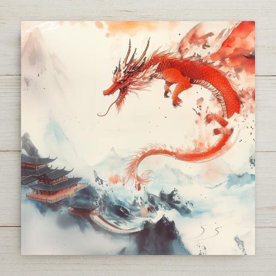 Watercolor Chinese Dragon Ceramic Tile Wall Art Eastern Fantasy Home Decor Misty Mountain Wall Decor Gift, Elegant Asian Dragon Illustration