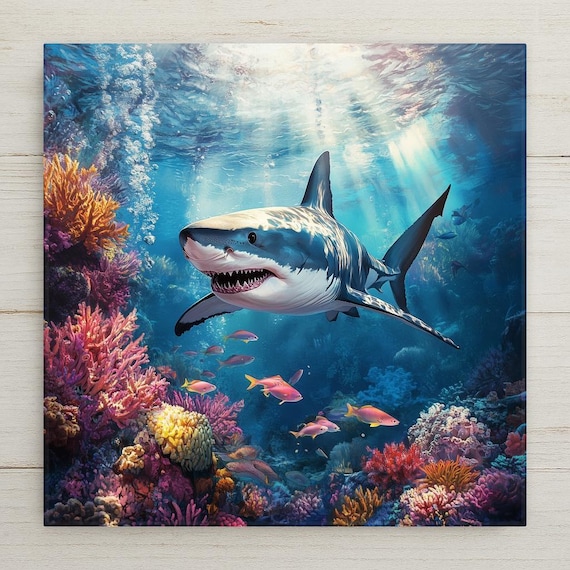 Great White Shark Ceramic Tile - Ocean Predator Bathroom Decor - Marine Wildlife Wall Art Trivet
