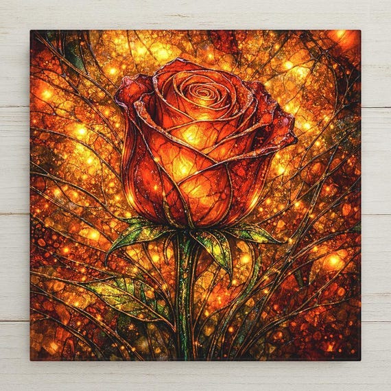 Glowing Rose Ceramic Tile Wall Art – Stained Glass Style Floral Home Decor Valentines Anniversary Romantic Botanical Gift Elegant Wall Decor