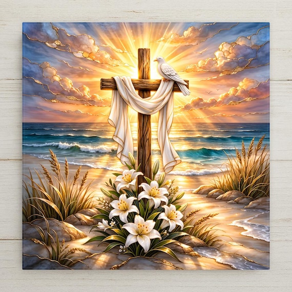 Easter Cross Wall Art Ceramic Tile – Christmas Christian Decor, Resurrection Sunrise Religious Wall Decor Gift, Coastal Faith Home Decor