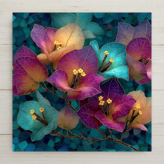 Bougainvillea Wall Art Ceramic Tile Stained Glass Style Tropical Floral Garden Botanical Nature Gift DecorDecor