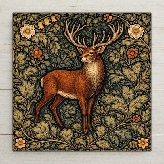 Stag Wall Art Ceramic Tile – Deer Decor – William Morris Style Woodland Wall Decor – Cabin Lodge Home Decor Gift