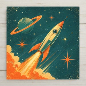 May include: A square wall art print featuring a retro-style rocket ship launching into a dark teal space background. The rocket has orange fins and a bright orange exhaust trail. A planet with rings and several four-pointed stars are visible.