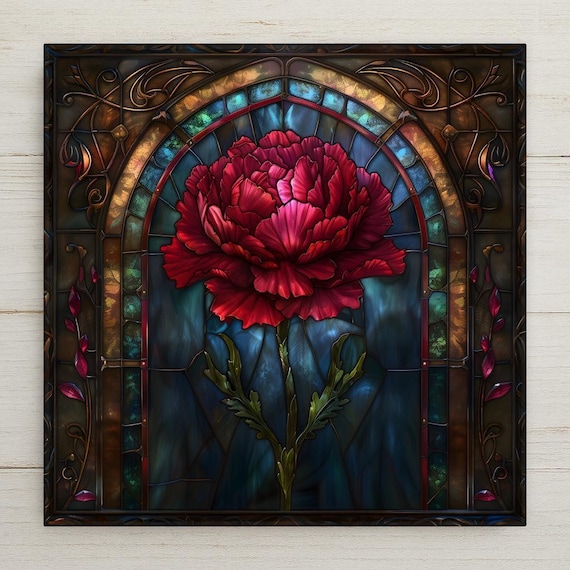 Red Carnation Wall Art Ceramic Tile – Gothic Stained Glass Floral Decor, Dramatic Botanical Home Decor