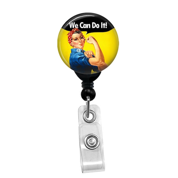 Rosie The Riveter Badge Reel – We Can Do It Retractable ID Holder – Feminist Nurse Badge Clip – Custom Name Card Holder for Women