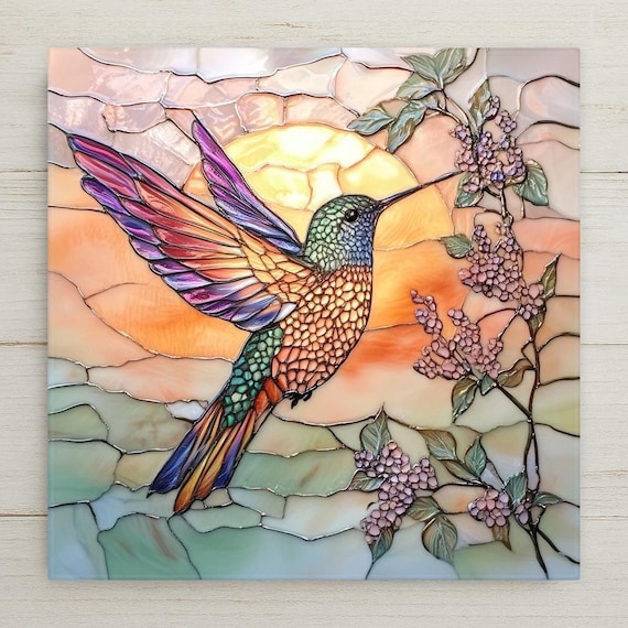 Hummingbird Art Tile: Stained Glass Style -Inspired Nature Decor for Bird Lovers