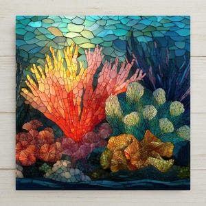 Capture the magic of the sea with this luminous Coral Reef Ceramic Tile Art. Featuring vibrant ocean colors and stained-glass detail, it’s perfect for coastal or nautical décor. Optional premium frame, wall hanger, or cork backing available for versatile display.