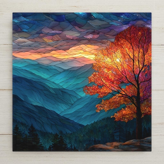 Blue Ridge Mountains Sunrise Ceramic Tile Art: Mosaic-Style Landscape Wall Decor, Nature-Inspired Home Gift