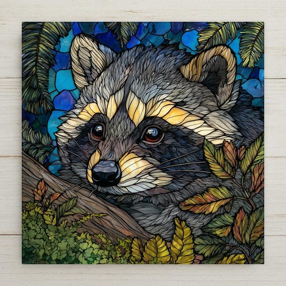 Raccoon Ceramic Tile Wall Art - Stained Glass Woodland Wildlife Forest Animal Home Decor Gift