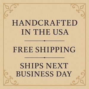 The image is a sign advertising a product, specifically a handmade item, that is free shipping and will be available for business the next day.