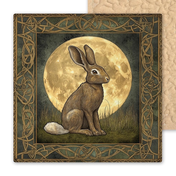 Celtic Hare Ceramic Tile: Full Moon Wall Art with Knotwork Frame - Handmade Nature-Inspired Home Decor Gift