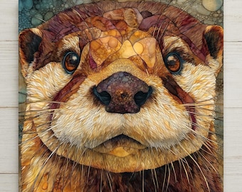 Otter Wall Art Ceramic Tile Stained Glass Style Woodland Animal Nature Wildlife Home Decor Rustic Cabin Accent