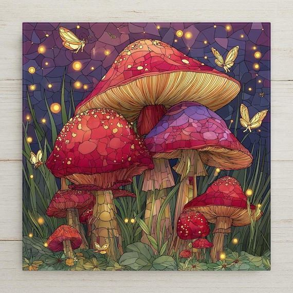 Stained Glass Mushroom Ceramic Tile Wall Art – Whimsical Woodland Decor, Magical Fairycore Home Decor, Enchanted Nature Gift
