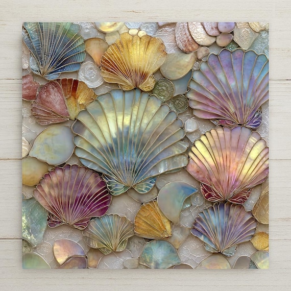 Seashell Ceramic Tile Art: Coastal Ocean Decor, Stained Glass Style