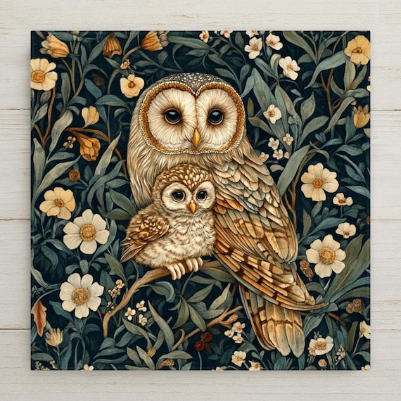 William Morris Owl Ceramic Tile: Art Nouveau Woodland Decor