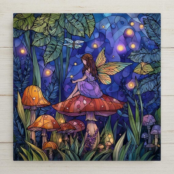 Fairy Mushroom Ceramic Tile Wall Art – Enchanted Forest Fantasy Decor, Whimsical Wall Decor, Magical Home Decor Gift