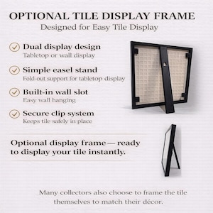 The image is a product description for a dual display design, a simple easel stand, a built-in wall slot, and a secure clip system for a tile display frame. It also mentions that the frame is ready to display the tile instantly.