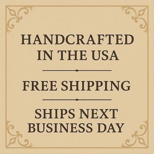 The image is a sign advertising a product, specifically a handmade item, that is free shipping and will be available for business the next day.