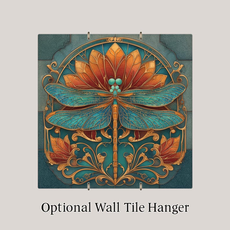 May include: A square decorative tile featuring a central dragonfly with teal wings and a gold body, positioned over a large orange flower. The design includes intricate gold filigree accents against a teal background. Text reads Optional Wall Tile Hanger.