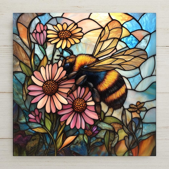 Handcrafted Bumblebee Ceramic Tile: Stained Glass Wall Art for Garden & Insect Lovers' Home Decor